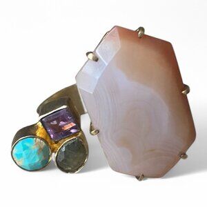 NWT HSN Kanupriya Chunky boho gemstone open ring 925 yellow gold plated 8